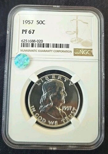SIGHT WHITE  1957 U.S. 50c Silver PROOF Franklin Half Dollar NGC PF67