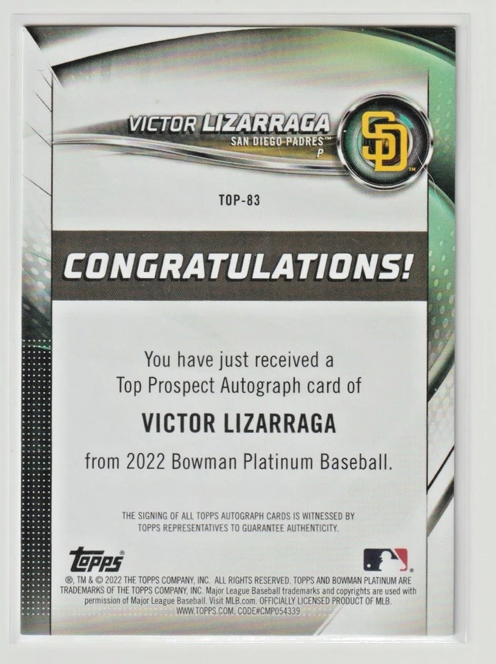 2022 VICTOR LIZARRAGA TOP PROSPECT PINK FOIL AUTO BOWMAN PLATINUM NO. TOP-83/199 - Image 2 of 2