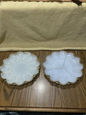 Vtg Anchor Hocking  Milk Glass Deviled Egg and 3 Section platters w/Gold Trim