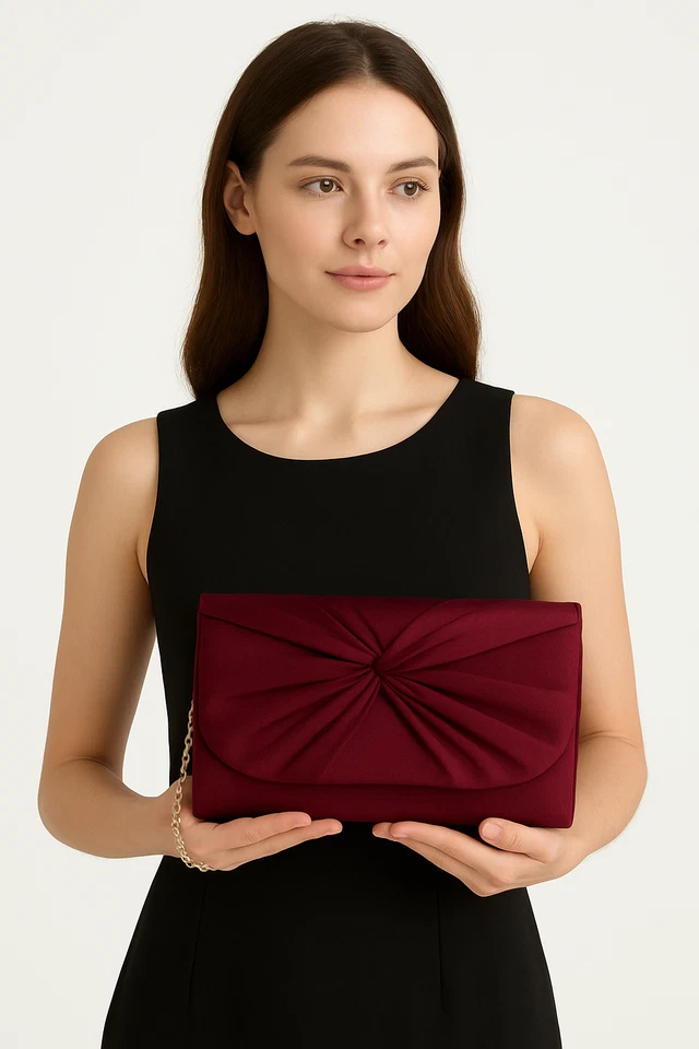 Women's Satin Pleated Evening Clutch Bag Bridal Wedding Party Prom Handbag Chain - Image 2 of 4
