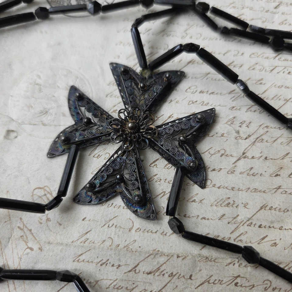 Collier Bijou Deuil Napoléon III Second Empire Croix Malte Argent Filigrané XIXè - Photo 4/4