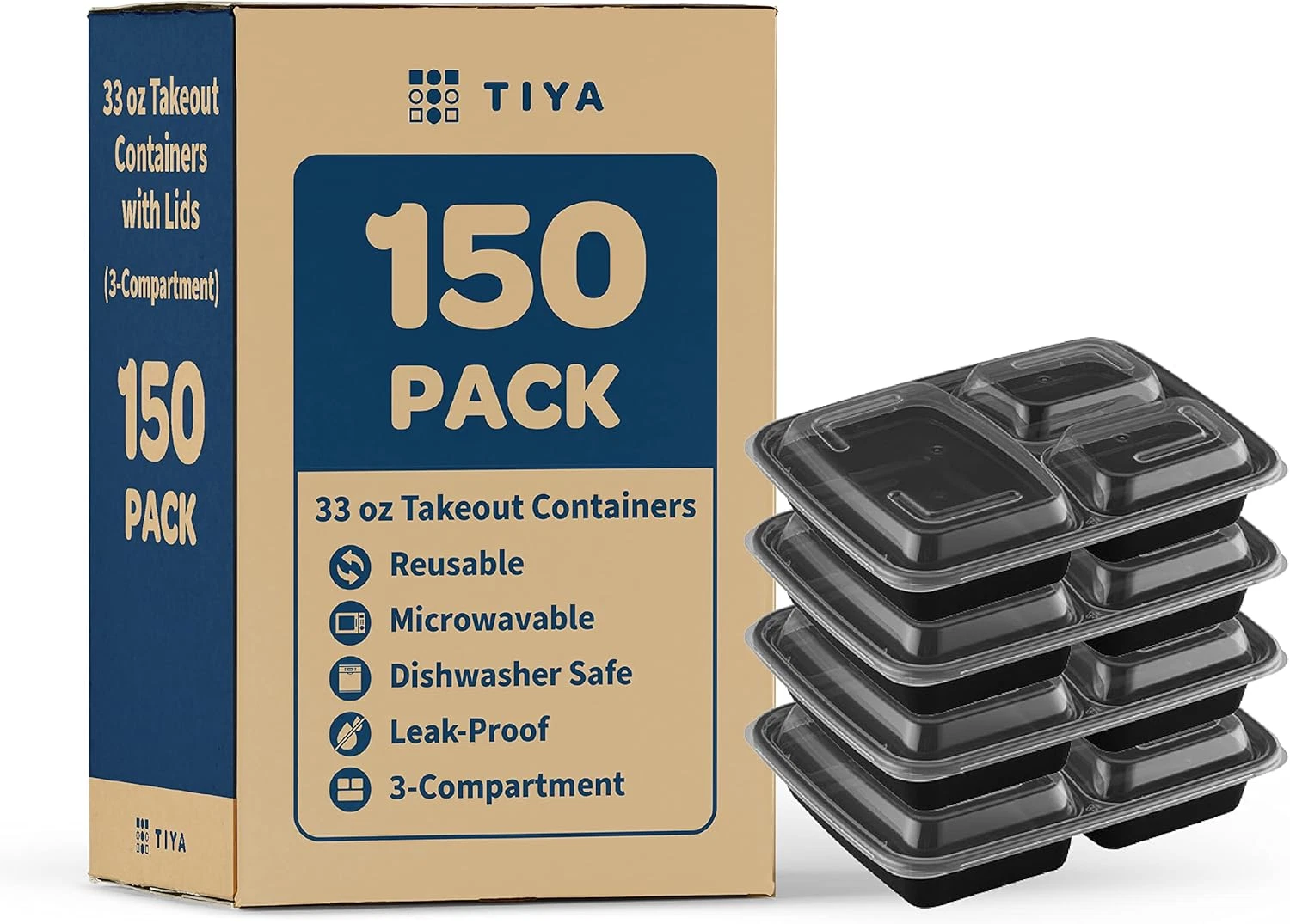 TIYA 150-Pack 33 Oz Food Containers with Lids - Reusable & Leak-Proof
