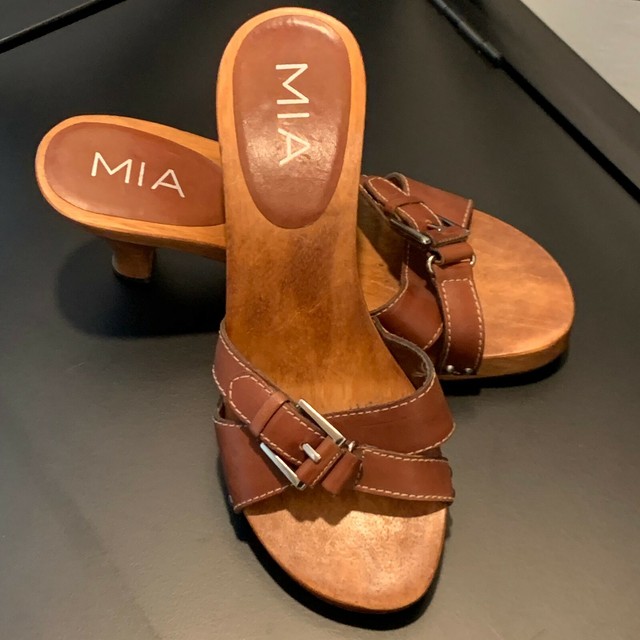 Mia Leather and Wood Buckle Slide Sandals-Size 7 | eBay