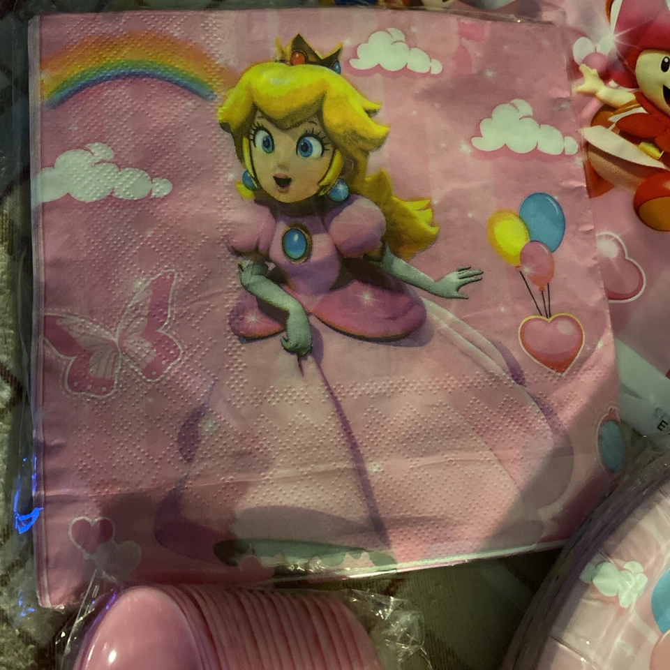 Princess PEACH 女孩生日派对 20 盘杯餐巾叉和桌布 — 第 2/4 张图片