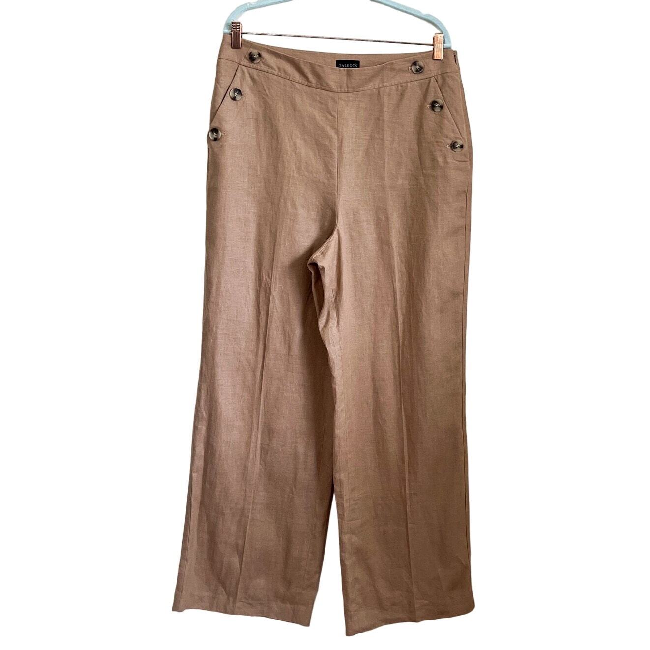 Talbots Women Linen Pants Size 14 Brown Wide Leg Lagenlook Artsy Lagom Bohemian