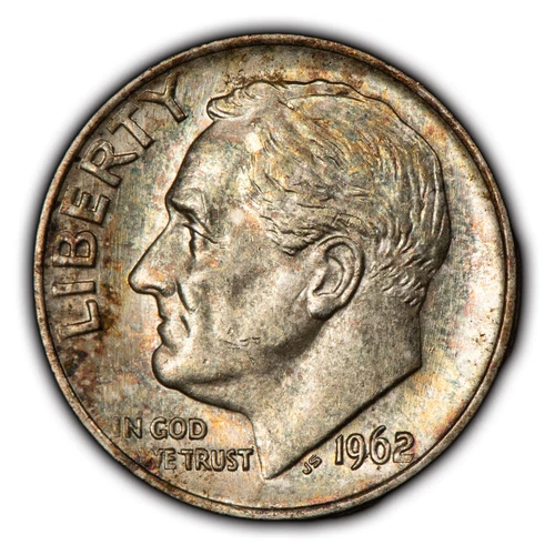 1962 10c Roosevelt Silver Dime - Watercolor Rainbow Toning - BU - SKU-Y5374