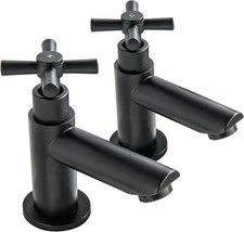 Black Basin Taps Pair Twin Hot and Cold Water Bathroom Sink Tap Cross Lever Two 