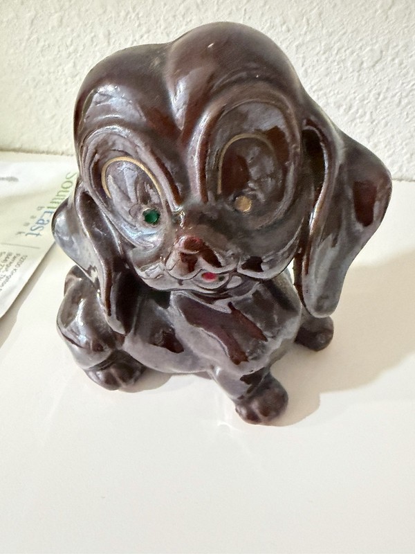 Ceramic Brown Dog Puppy Figurine Sculpture, Non-Breed Specific, Green Eyes