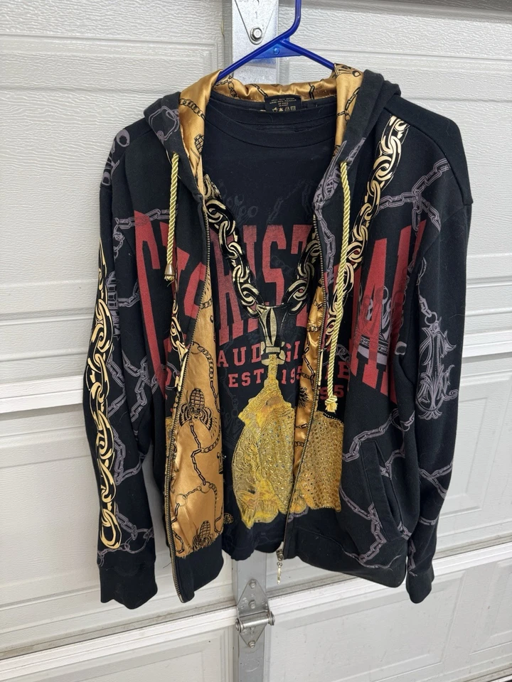Christian Audigier Hombres M Negro Dorado Estrás Pantera Cadenas Boxeo Sudadera con Capucha Rev: Foto 3 de 4