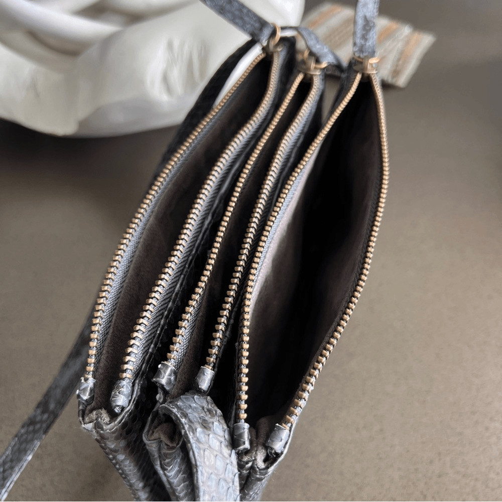 Gray Black Snakeskin python Leather Three-Compart… - image 6