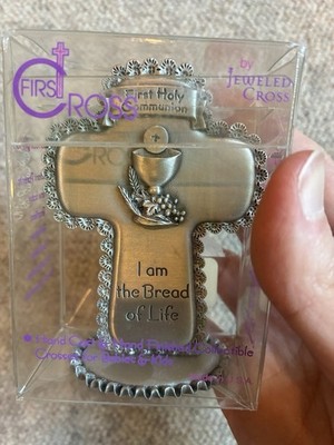 Pewter First Holy Communion Cross by Jeweled Cross  I am the Bread of Life  New