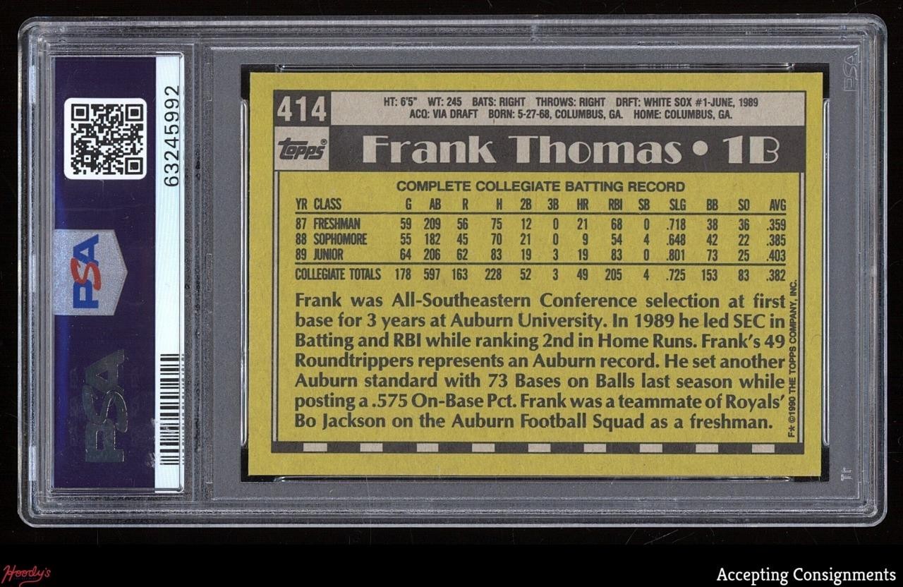 1990 Topps #414 Frank Thomas RC Rookie AUTO PSA 10 GEM AUTHENTIC AUTO White Sox view 2