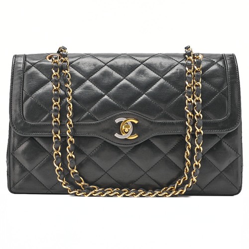 CHANEL Lambskin Matelass 27cm Paris Limited Double Flap Shoulder Bag Black Gold