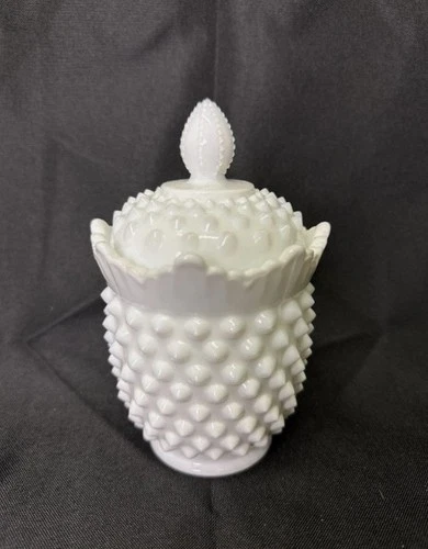 Vintage Fenton White Milk Glass Hobnail Sugar Bowl with Lid