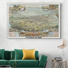 1885 Phoenix Arizona Bird's Eye Map Print Streets Buildings Canals Wall Art