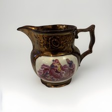 Antique 19th Century Lustre Jug 4” Victorian transfer scenes x 2 VGC Victorian