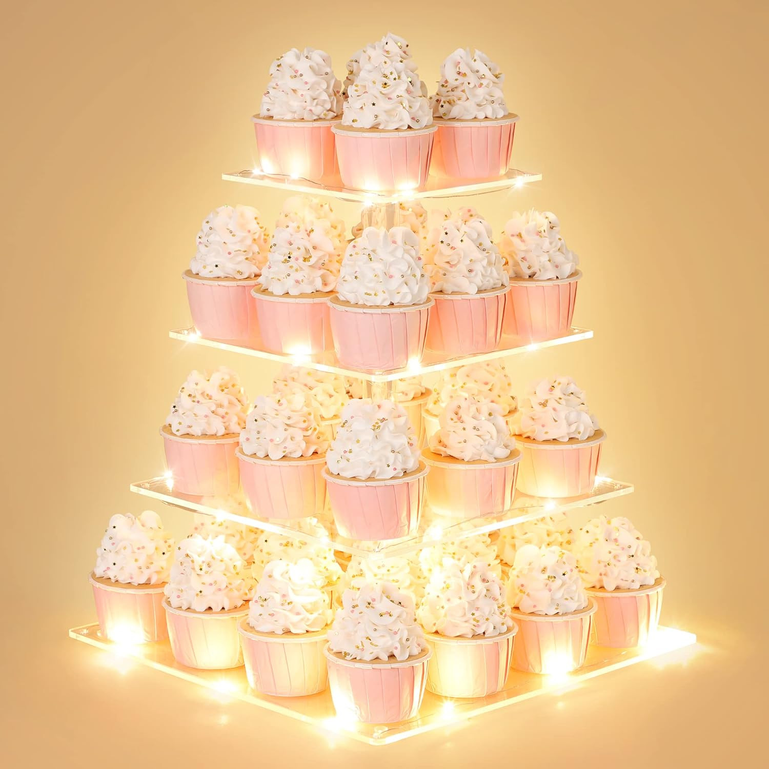 4 Tier Cupcake Stand with LED String Light, Acrylic Cupcake Display Stand, Squar