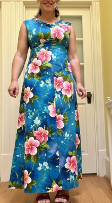 Vtg 60s Hukilau Fashions Hawaiian Barkcloth Maxi Dress 10 Hibiscus Pink  Blue S M | eBay