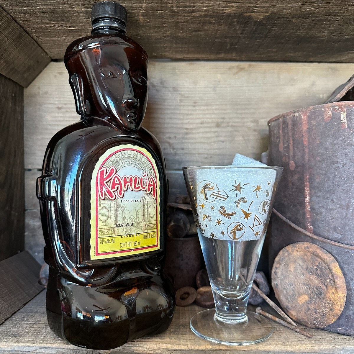 Kahlua Glass Tiki Liquor Bottle Heritage Ed., 980 ML Empty, 1950s