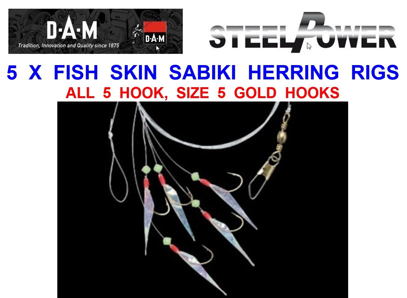 5 DAM STEELPOWER FISH SKIN SABIKI HERRING RIGS 5 HOOK # 5 SEA FISHING BAIT LURES