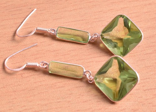 Sterling Silver Simulated Peridot Square Shape Silver/Gold/Rose Plated Earrings - Picture 4 of 7