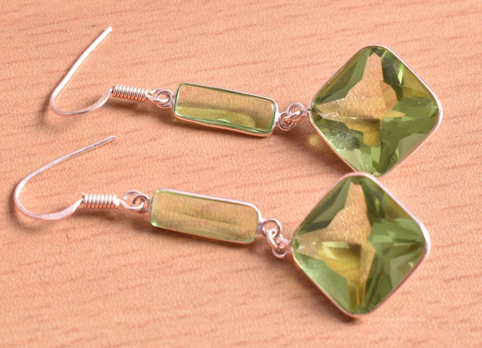 Sterling Silver Simulated Peridot Square Shape silver/Gold/Rose Plated Earrings - Image 4 of 4