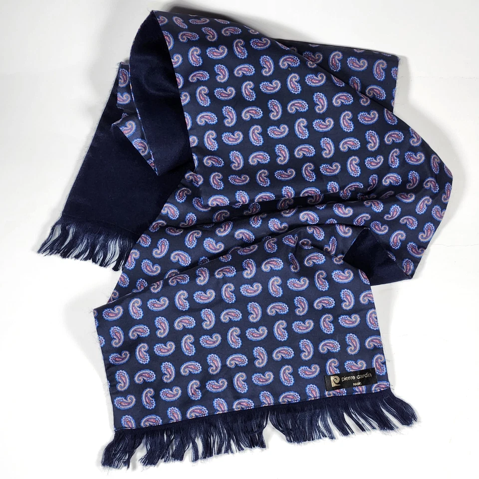 Cachecol masculino Pierre Cardin azul marinho estampado lã de seda extremidades com franjas 11 x 50 - Imagem 3 de 4
