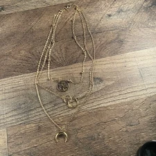 Gold Tone Triple Chain Necklace Earth Vesica Pices Crescent Moon Costume 14"