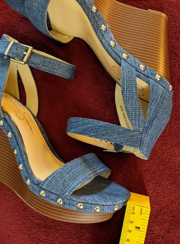 Jessica Simpson Jaylow Blue Denim Stud Ankle Strap Wedge Platform Sandals. 8M. - Picture 7 of 12