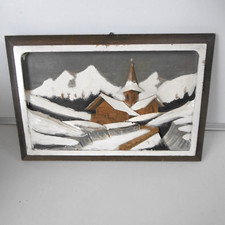 tableau eglise de montagne relief en bois