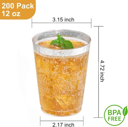 I00000 200 Pack 12oz Silver Rimmed Disposable Cups - Heavy Duty Party TumblersB0 - Picture 3 of 5