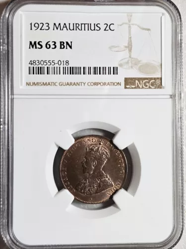 Mauritius 2 Cents 1923 NGC MS 63 BN