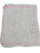 Baby Blanket Handmade Crochet Crib Security Blanket 27  X 23  White/Pink Ribbon