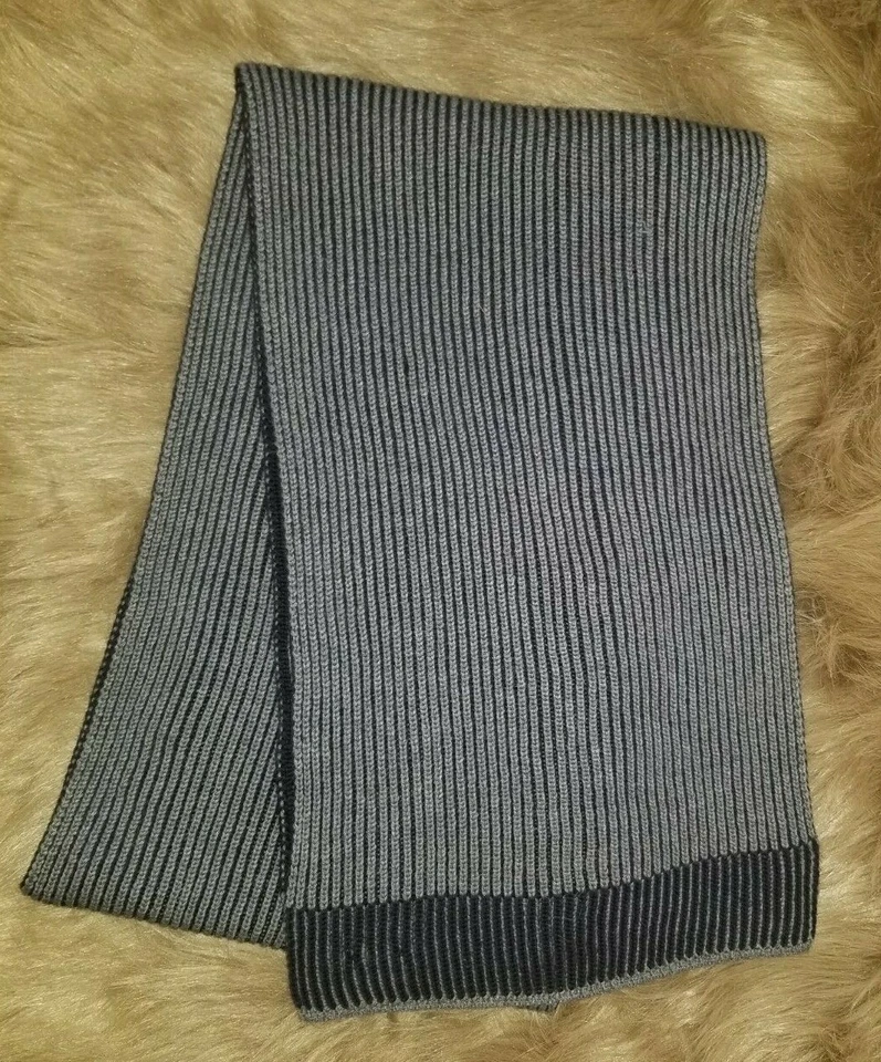 HUGO BOSS Ribbed Rib-Knit Navy Blue Gray Melange Virgin Wool Scarf 78"L x 10"W - Image 3 of 4