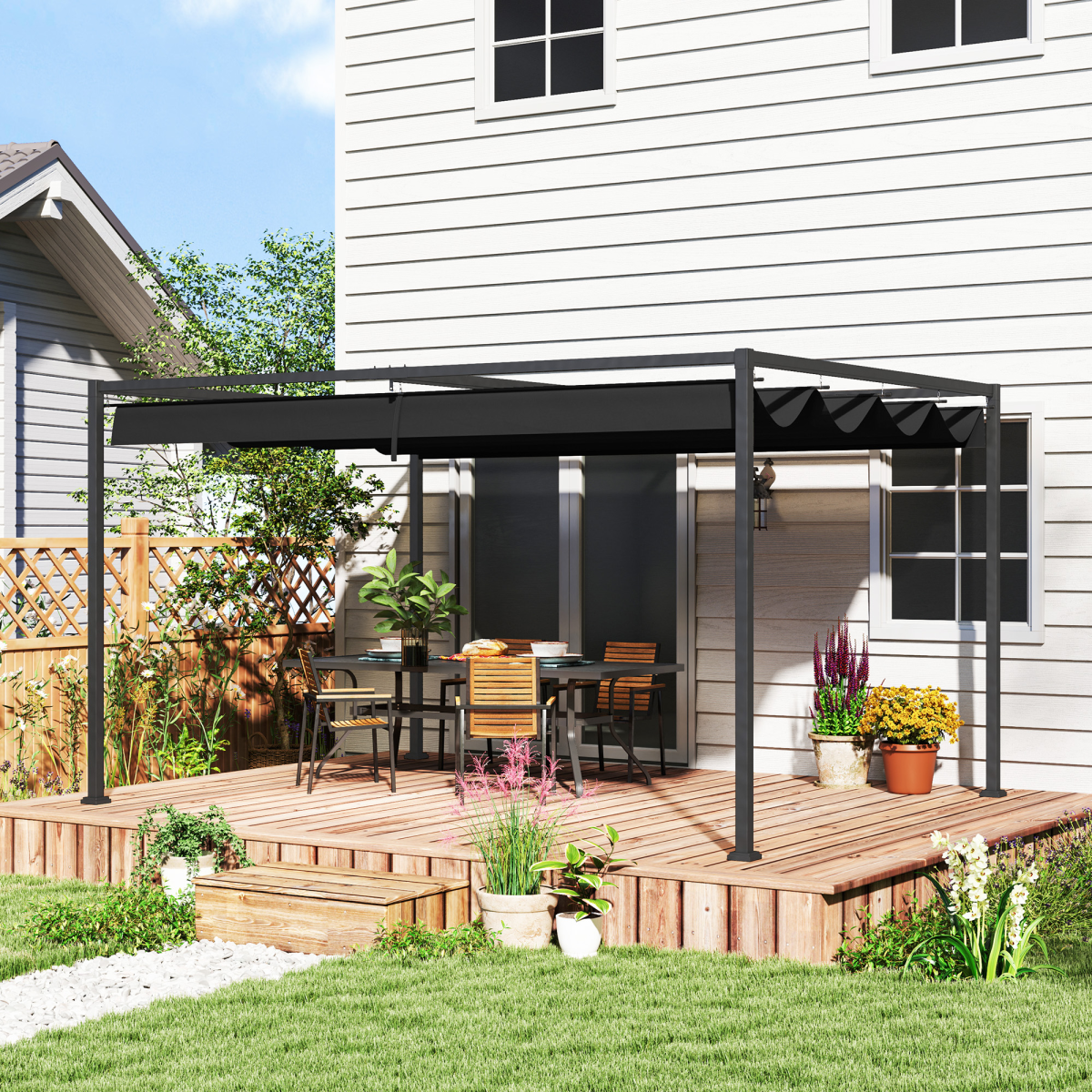 Outsunny 4x3(m) Metal Pergola Gazebo Patio Sunshelter Retractable Canopy Black