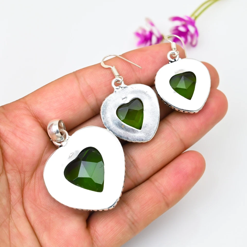Peridot Gemstone Handmade 925 Silver Pendant & Earring Jewelry Set Wadding Gifts - Image 4 of 4