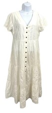 Sonoma Cotton Tiered Cottagecore Dress Sz M Cream Boho Prairie Peasant Casual