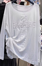 Women s White Solid Long Sleeve Round Neck Pullover T-Shirt Lace Accent L