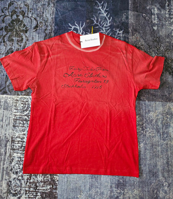 Acne Studios Men s Red Embroidered Tee L Crew Neck Short Sleeve