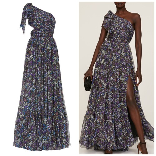 Ieena for Mac Duggal One Shoulder Floral Gown Maxi Dress Purple Chiffon - Size 0