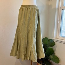 90s Sage Green Cotton Elastic Waist Embroidered Floral Midi Skirt Size Medium