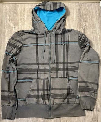 Ocean Pacific OP Zip Up Hoodie L Gray Blue Plaid Full Zip Sweatshirt Retro Surf