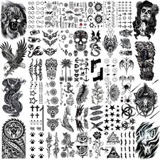 50 Sheets Black Temporary Tattoos For Men Adults Ealge Dragon Lion Wolf Anima...
