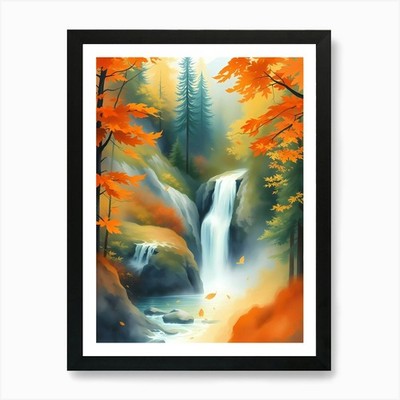 Wasserfall im Herbstwald Kunst Gerahmtes Wandbild Poster Leinwanddruck Bild
