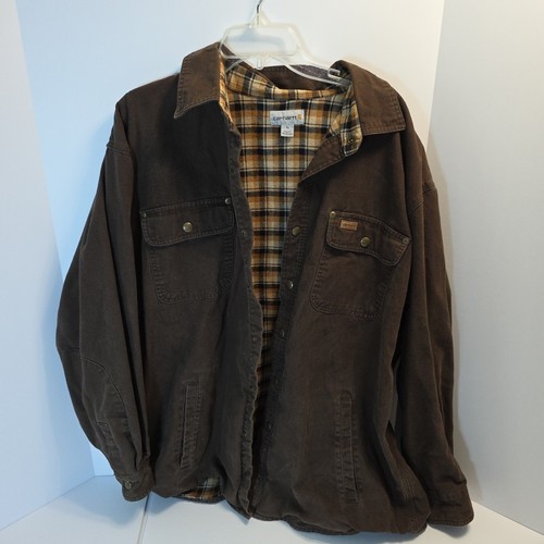 Carhartt Jacket Mens XL Brown Canvas Flannel Lined Shirt Jacket Workwear