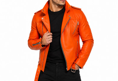 Men s Real Lambskin Orange Motorcycle Jacket Stylish Slim Fit Biker Jacket