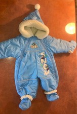 Vintage Kamala Baby Snowsuit All-in-One 9-12 Months Blue Faux Fur Hood Trim