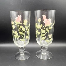 BLOCK BASICS Hand-Painted Roses Glass Vase Goblet Set of 2 8” Beautiful