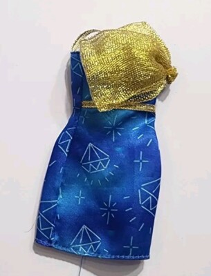 BARBIE DRESS BLUE GOLD DIAMOND PATTERN SHORT STYLE FASHION CUTE DOLL CLOTHES