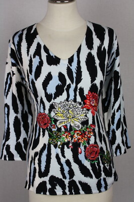 LUXUS ! Damen Pullover Oberteil Animalprint Blumen Perlen Viskose IMAGINI Gr.44